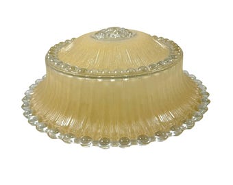 Beige Glass Dome Shade Ceiling Light Beaded Edge Ribbed Design Vintage 1950s