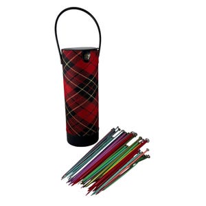 Red Plaid Knitting Needle Tote Carrying Case Black Vinyl Trim Vintage 1960s