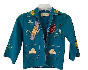 Anahuac Jacket Shirt Blue Wool Childs Mexico Souvenir Embroidered Vintage 1940s