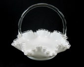 Fenton Silver Crest Large Brides Basket Applied Handle Vintage 1960s Milk Glass