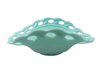 Fostoria Betsy Ross Aqua Blue Milk Glass Oblong Basket Fruit Bowl Vintage 1950s