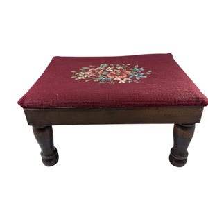 Needlepoint Cushion Footstool Ottoman Wine Red with Pink Roses Vintage 1940s