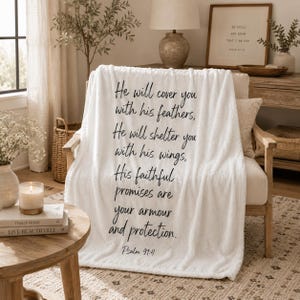 Psalm 91:4 Scripture Quote Velveteen Plush Blanket | Christian Prayer Verse