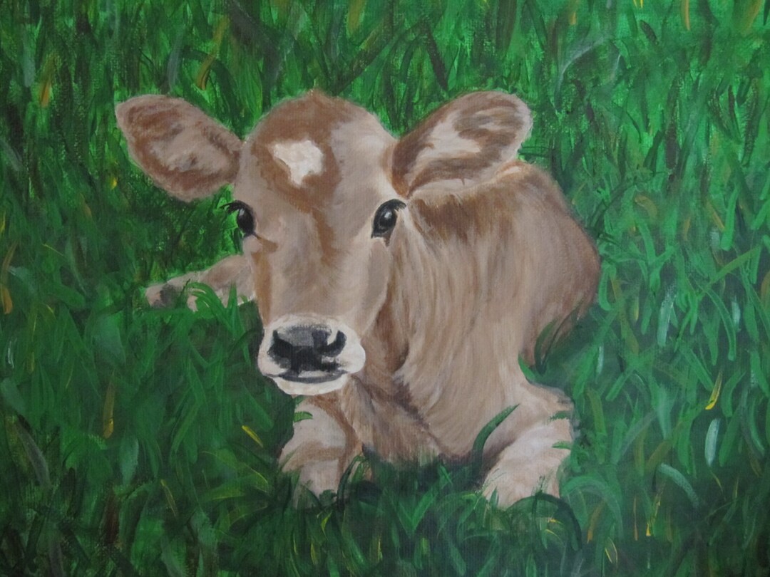An Original Acrylic Painting of a Young Calf, Resting in a Green Field ...