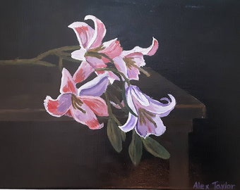 Listing Lillies: An original acrylic painting of flowers, 9"x12"
