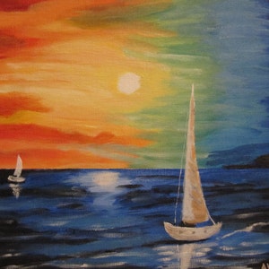 Original acrylic painting of sailboats, 9x12
