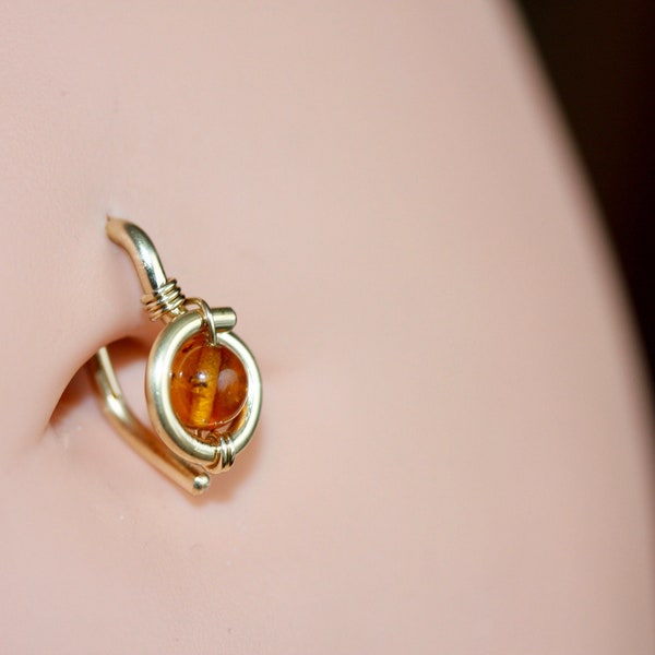 Belly Button Ring - Golden Amber Belly Button Hoop - Navel Jewelry - gold Silver Rose Gold Piercing Jewelry - 8mm 10mm 12mm 18g 16g 14g