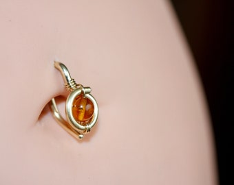 Belly Button Ring - Golden Amber Belly Button Hoop - Navel Jewelry - gold Silver Rose Gold Piercing Jewelry - 8mm 10mm 12mm 18g 16g 14g