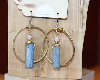 Medium Hoop Earrings with Kyanite and Milky Agates, 14k Gold Filled Ear Wires, Kyanite Earrings, Thick Brass Hoops