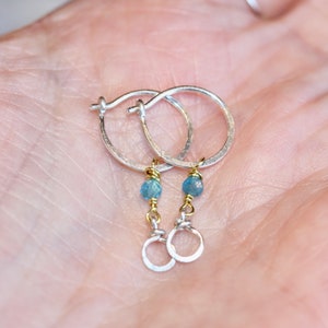 Tiny Silver Hoop Earrings, Small Hoop Earrings, Apatite Hoop Earrings, Tiny Hoop Earrings, Minimalist Earrings, Blue Beaded Hoops