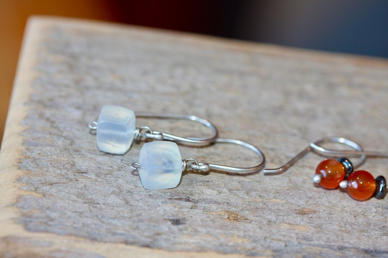 Tiny Silver Earring Small Square Gem Earrings White Chalcedony Earrings Gift for Her Gift for Him Sterling Silver Gemstone Dangles image 9