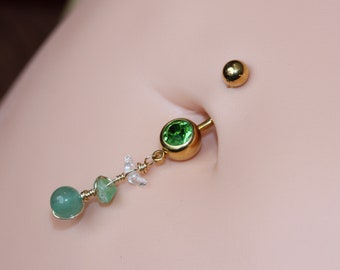 Belly Button Ring - Aventurine Belly Button Barbell - Wire Wrapped Dangle Belly Ring-14g Surgical Steel Dangle - Heart Chakra