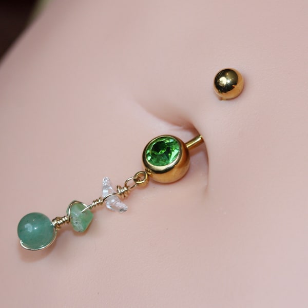 Belly Button Ring - Aventurine Belly Button Barbell - Wire Wrapped Dangle Belly Ring-14g Surgical Steel Dangle - Heart Chakra