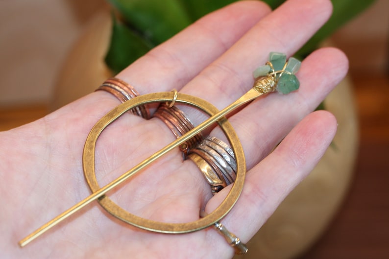 Open Circle Hair slide Barrette-brass hair stick round barrette hair pin gold hair slide Womans hair clip Aventurine Hair Stick image 2