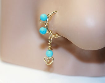 Turquoise Heart Nose Ring - Heart Nose Ring - Turquoise Nose Hoop - Dainty Nose Ring -  22 ga 20ga -  7mm, 8mm, 9mm 10mm