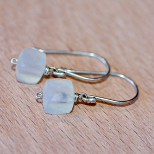 Tiny Silver Earring - Small Square Gem Earrings - White Chalcedony Earrings - Gift for Her - Gift for Him - Sterling Silver Gemstone Dangles