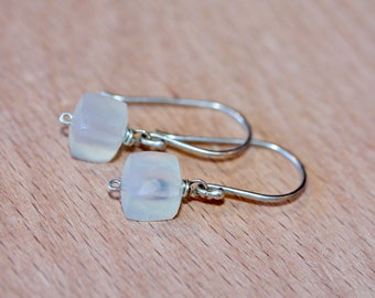 Tiny Silver Earring - Small Square Gem Earrings - White Chalcedony Earrings - Gift for Her - Gift for Him - Sterling Silver Gemstone Dangles