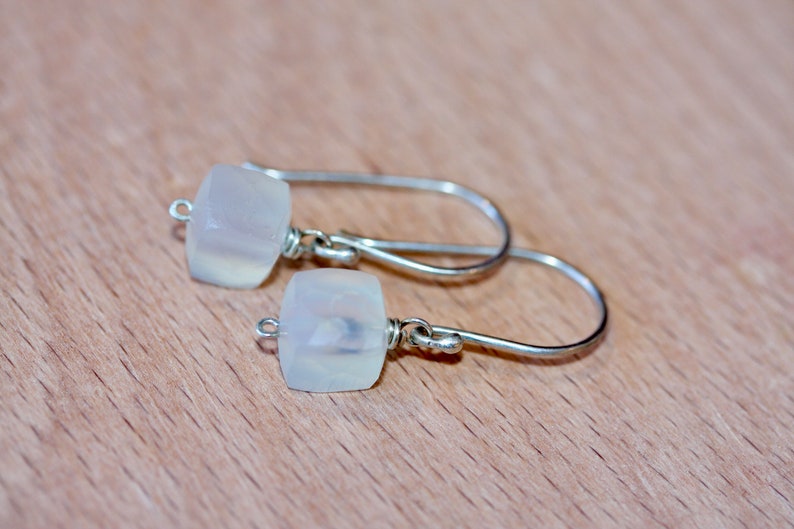 Tiny Silver Earring - Small Square Gem Earrings - White Chalcedony Earrings - Gift for Her - Gift for Him - Sterling Silver Gemstone Dangles