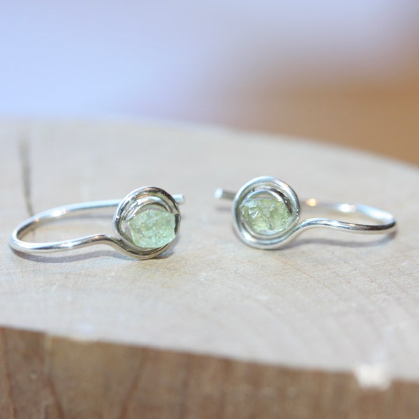 Tiny Peridot Earrings / Small Gemstone Earrings / August Birthstone / Small Green Earrings / Raw Gemstone Earrings /Open Hoop Threader Style