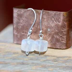 Tiny Silver Earring Small Square Gem Earrings White Chalcedony Earrings Gift for Her Gift for Him Sterling Silver Gemstone Dangles image 7