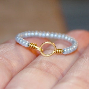 Stackable Thin Band Ring - Blue Pearl Beaded Circle 14k Gold Filled Wire Wrapped Thin Ring, Beaded Ring, Gift Women, Gifts For Her, Handmade