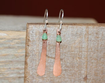 Copper Bar Stick Earring - Minimalist Simple Rustic Everyday Fashion Jewelry - Green Chrysoprase Gemstone Earrings - Mixed Metal Earrings