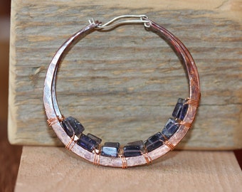 Extra Large Hoops, Iolite Big Hoop Earrings, Rustic Antiqued Earrings, Healing Stones Jewelry, Thick Copper Hoops