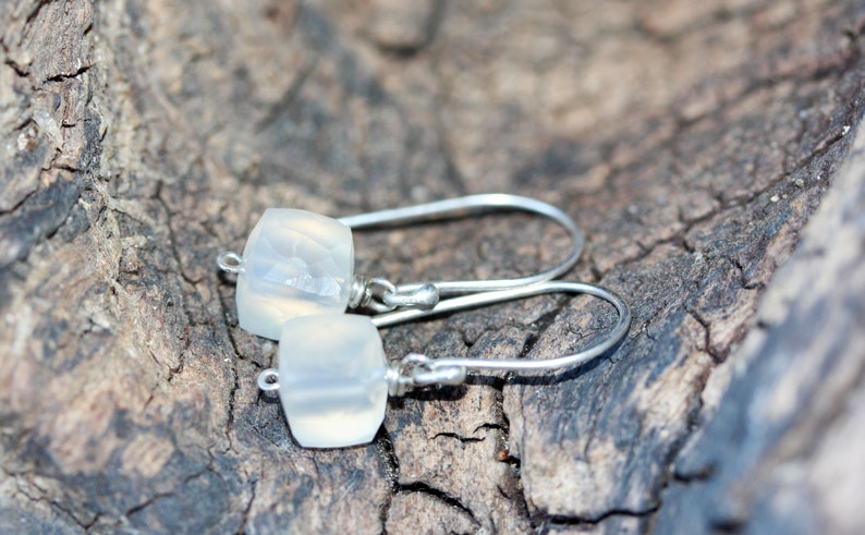 Tiny Silver Earring Small Square Gem Earrings White Chalcedony Earrings Gift for Her Gift for Him Sterling Silver Gemstone Dangles image 10