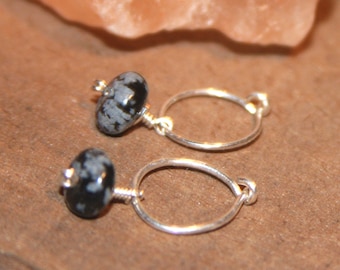 Small hoop Earrings, Snowflake Obsidian Lobe Hoops,  Ear Cuff, Helix Hoops, Nose Rings, Gold Silver Hoops, Piercing Jewelry, Hoops