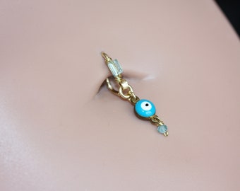 Belly Button Ring, Teal Evil Eye Belly Jewelry, Dainty Belly Button Ring, Blue Apatite Navel Ring,  Dangle belly Button Hoop,