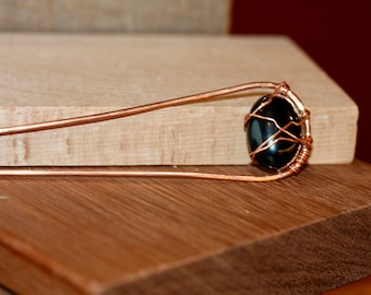 Black Onyx Hair Pin - Hair Fork - Hair Bun Tie - Metal Hair Accessory - Thick Copper Hair Pin - Wire Wrapped Hair Jewelry