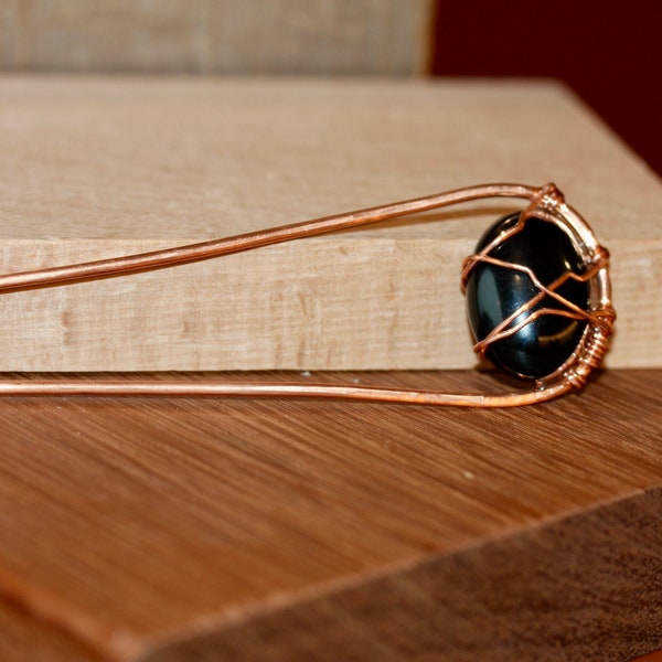 Black Onyx Hair Pin - Hair Fork - Hair Bun Tie - Metal Hair Accessory - Thick Copper Hair Pin - Wire Wrapped Hair Jewelry