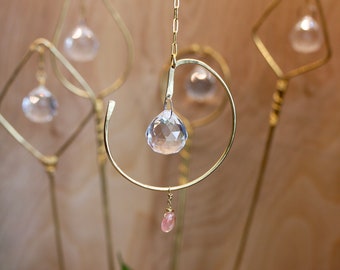 Planet Sun Catcher / Pink Quart Teardrop Sun Catcher / Celestial Sun Catcher / Crystal Sun Catcher with Pink Teardrop Quartz