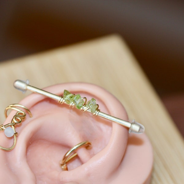 Industrial Barbell with Wire Wrapped Peridot, Three Wishes Cartilage Piercing, August Birthstone Cartilage Earring, 14k Gold Filled Silver