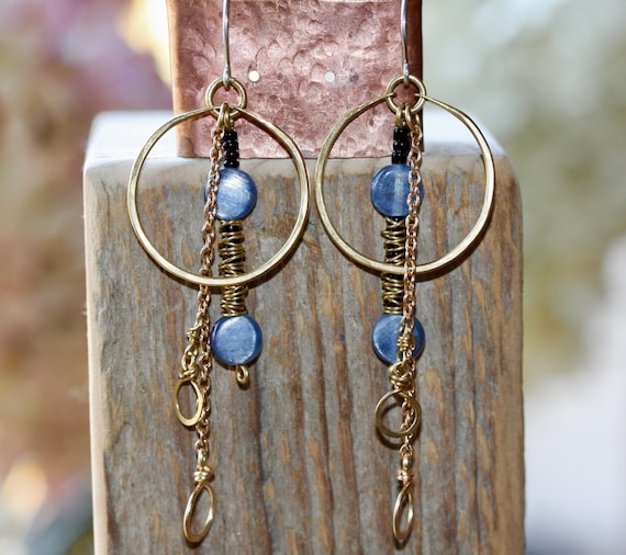 Kyanite Earrings with Textured Wires Sterling Silver Kyanite Earrings with Textured Wires Sterling Silver