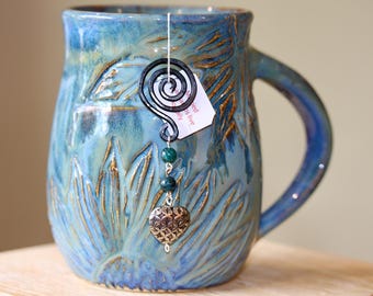 Spiral Tea Bag Weight with Heart Charm and Blue Beads