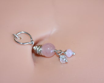 Belly Botton Ring Pink Quartz Belly Button Hoop Barbell Dainty Navel Jewelry 18g 16g 14g 8mm 10mm 12mm Gold or Silver Everyday Jewelry