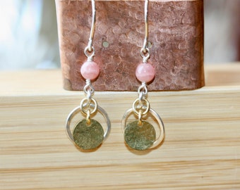Pink Beaded Dangle Moon and Sun Earrings, Tiny Silver Dangle Earrings- Pink Lace Gemstone Earrings- Hammered Circle Earring