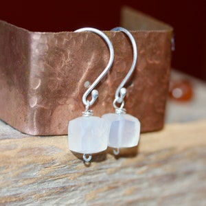 Tiny Silver Earring Small Square Gem Earrings White Chalcedony Earrings Gift for Her Gift for Him Sterling Silver Gemstone Dangles image 8