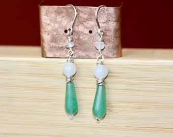 Aventurine Dangle Earrings- Green Beaded Earrings- Long Dangle Earrings- Silver Earrings- White Beaded- Gifts for Her