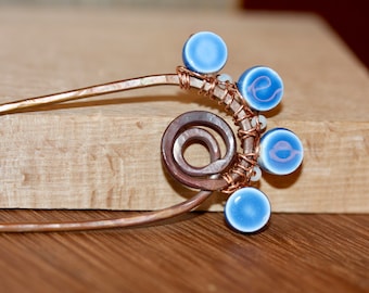 Blue Dot Hair Pin, Hair Accessories, One of a kind Unique Swirl Hair Fork