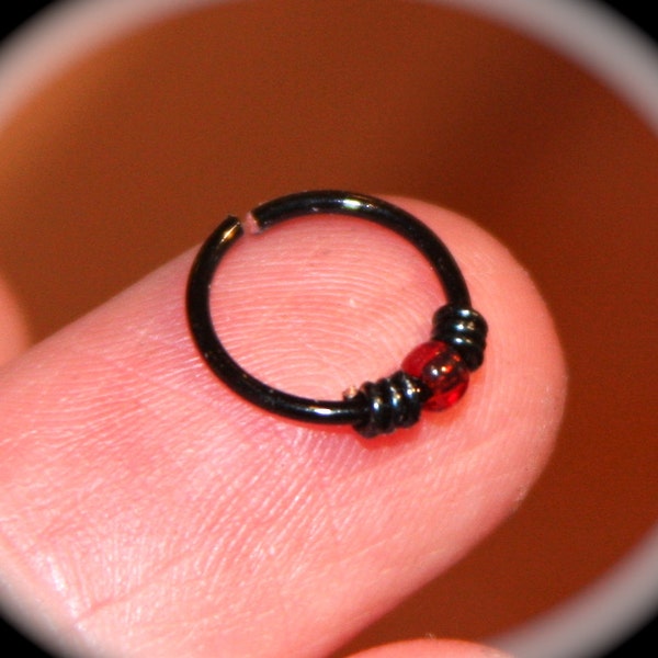 Small Red Beaded Black Wired Cartilage Earrings, Nose Ring, Nose Hoop,  Ear Cuff, Helix Hoop, Nose Rings Seamless Hoop Piercing Jewelry goth