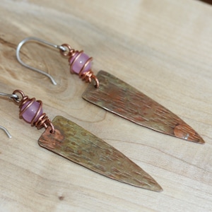 Copper Dangle Earrings, Pale purple Beaded Copper Dangle Earrings, Textured Copper Earrings