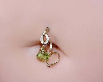 Belly Button Ring Dainty with Peridot Gemstone, Beaded Hoop, Gold or Silver Piercing Jewelry