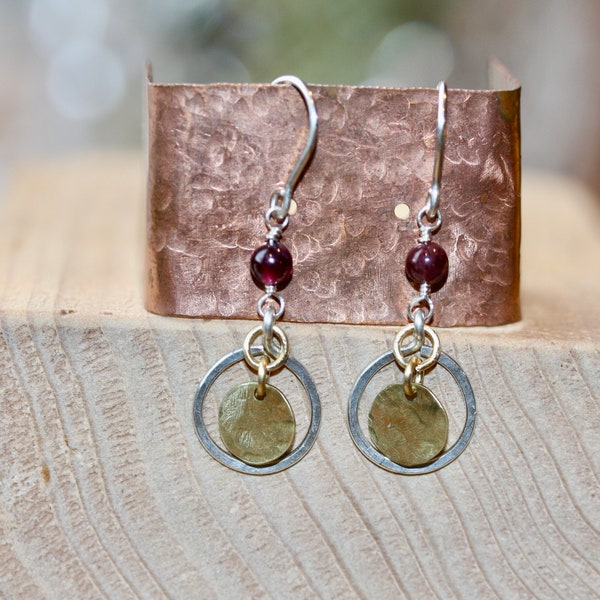 Tiny Sterling Gold Dangles- Hammered Circle Earrings- Petite Disc, Everyday Two Tone Jewelry- Silver Garnet Earrings-