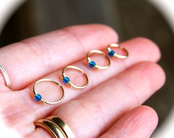 Small Nose Ring 20 22 24 gauge Thin Blue Beaded Nose Ring Nose Hoop Cartilage Hoop Earring Sterling Silver & 14k Gold Filled