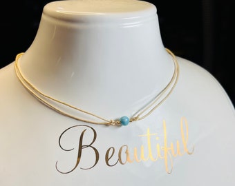 Larimar Necklace, Organic Blue Gemstone Choker Necklace, Larimar Jewelry, Dainty Cord Necklace, Gift for Women, Birch Bark Design