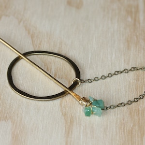 Open Circle Hair slide Barrette-brass hair stick round barrette hair pin gold hair slide Womans hair clip Aventurine Hair Stick image 7