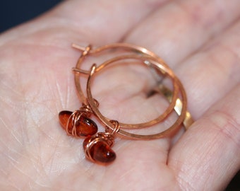 Copper Every Day Hoops - Handmade - Handforged - Light Weight with or without Baltic Amber Gems