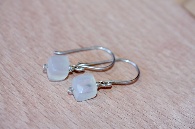 Tiny Silver Earring Small Square Gem Earrings White Chalcedony Earrings Gift for Her Gift for Him Sterling Silver Gemstone Dangles image 5